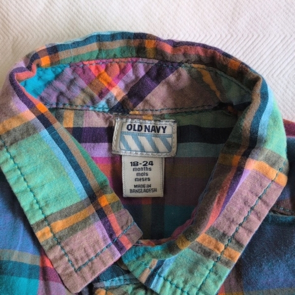 old navy colorful plaid cotton short sleeve button down shirt 18-24 months baby - Picture 3 of 5